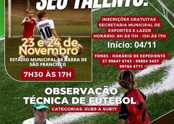 Atletas de 8 a 17 anos poderão participar de “peneira” com representante do América Mineiro em Barra de São Francisco