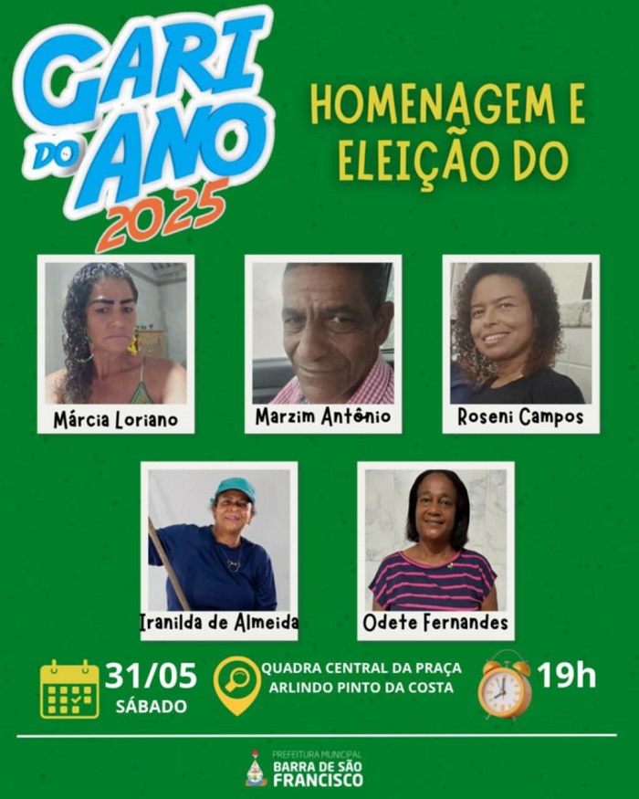 Eleição do Gari de 2025, acontece neste sabado (31), na Praça do Centro de Barra de São Francisco