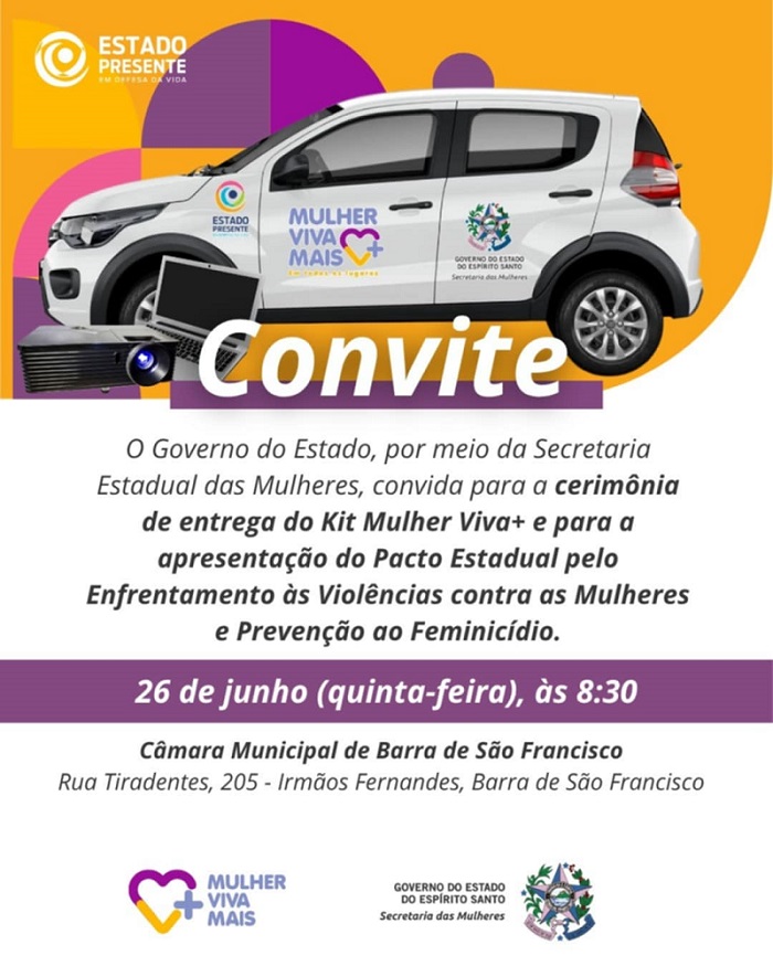 Barra de São Francisco é contemplada com o Kit Mulher Viva+ que será entregue nesta quinta-feira (26)