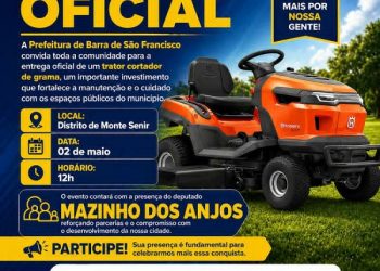 Trator cortador de grama será entregue a comunidade esportiva do distrito de Monte Senir/Barra de São Francisco